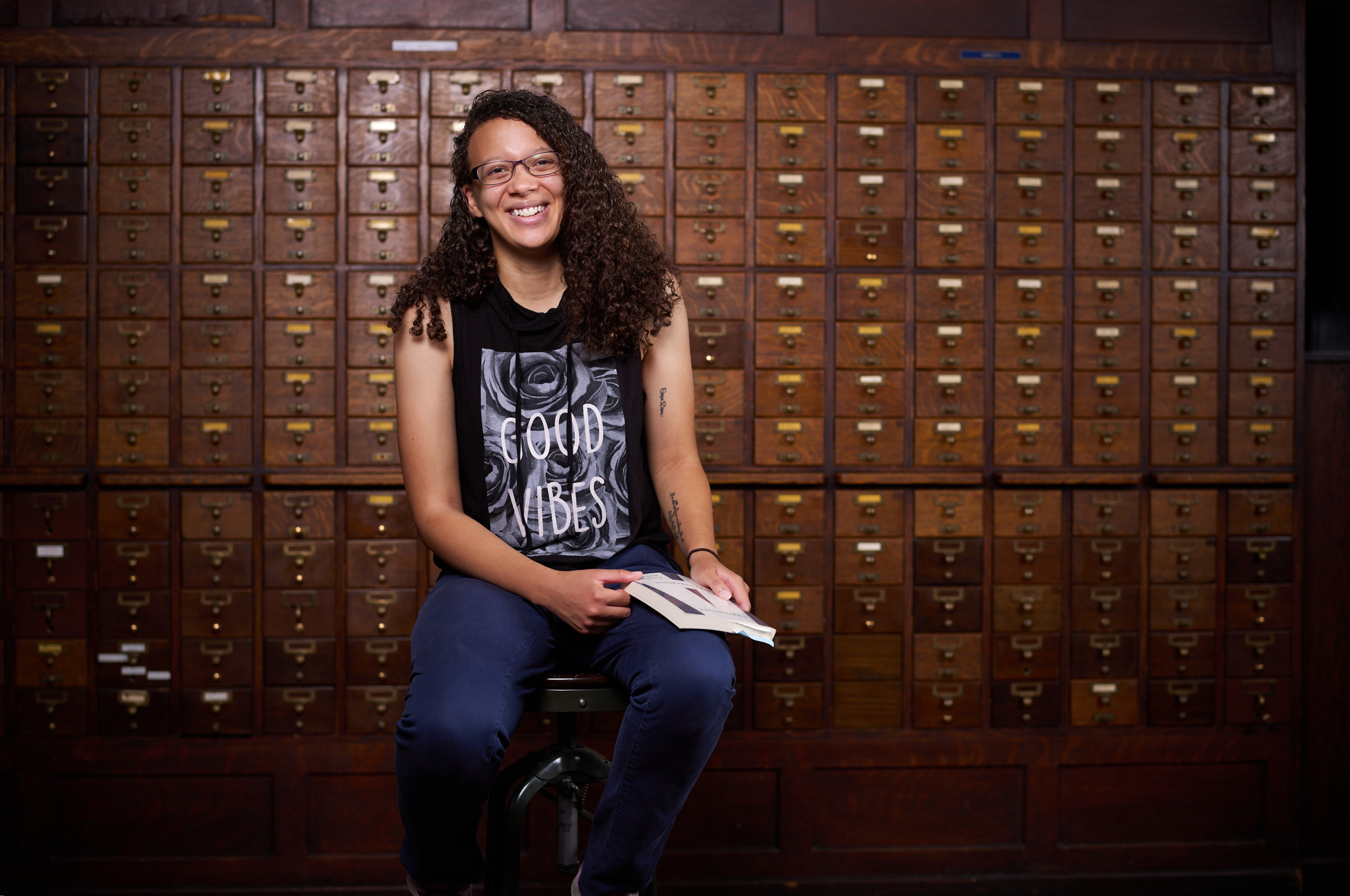 portrait of diversity student in college smiling professional portrait shoot indoors