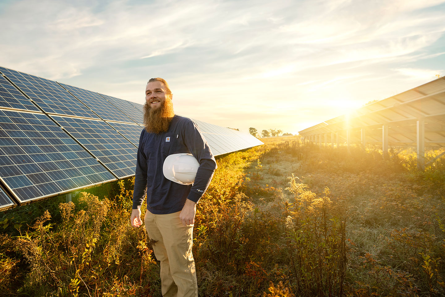 New England environmental portrait of a solar field worker professional outdoor shoot